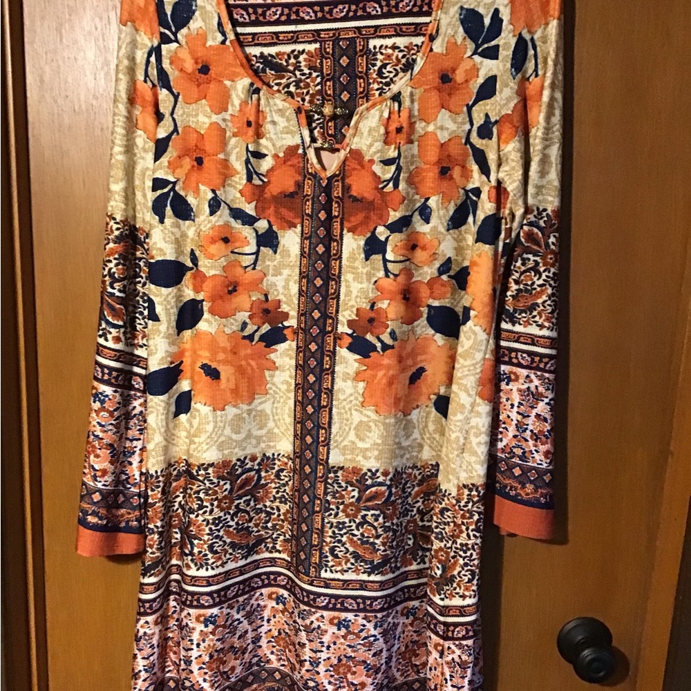 ONE WORLD Orange Navy Floral Boho Tunic Dress